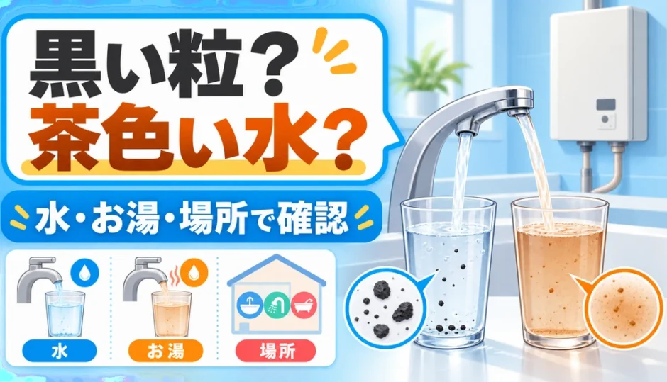 黒い粒と茶色い水を水・お湯・場所で比べる給湯器トラブルの確認