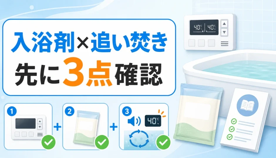 入浴剤を入れた湯の追い焚き前に給湯器・説明書・成分表示を確認するサムネイル