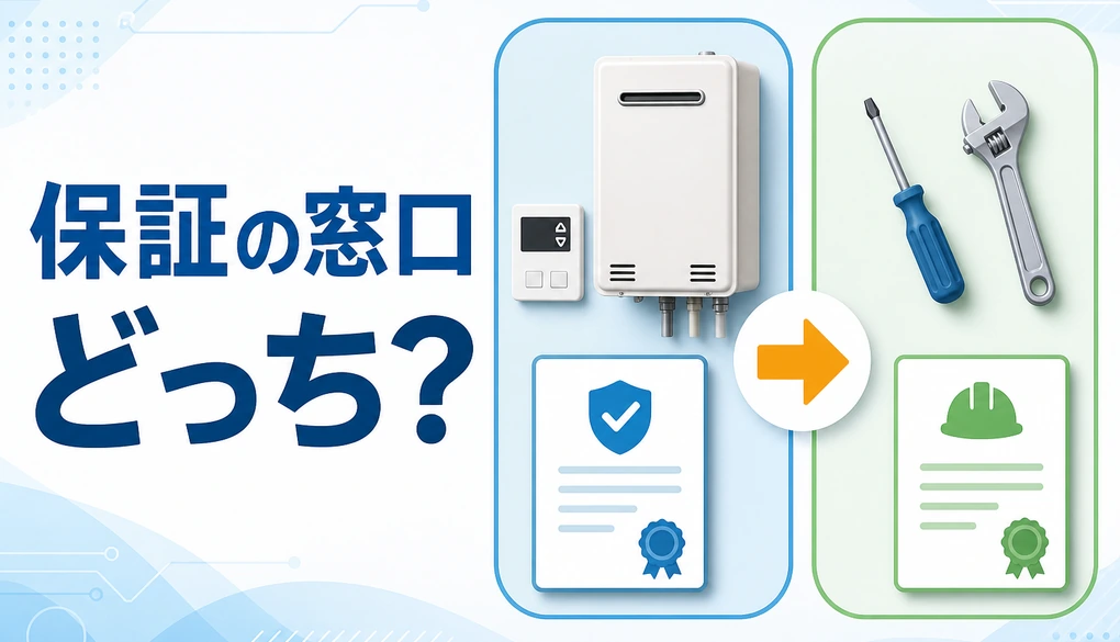 給湯器のメーカー保証と工事保証で、故障時の窓口を選ぶイメージ