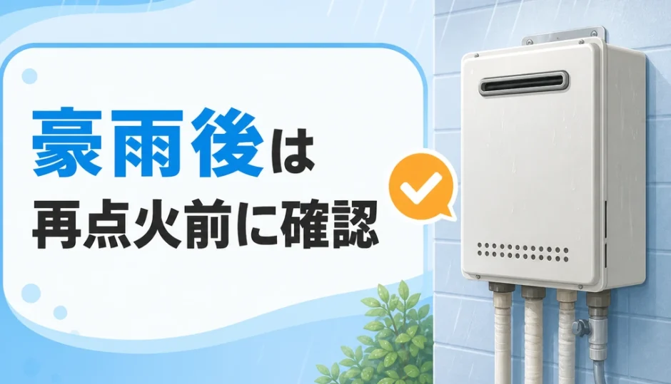 豪雨後の屋外給湯器と再点火前の確認を示すサムネイル