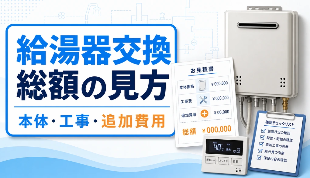 給湯器交換で本体・工事・追加費用を含む総額の見方を示す図