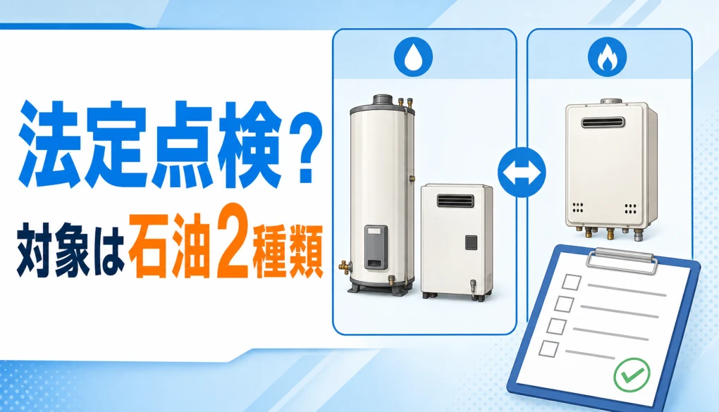 法定点検の対象となる石油給湯機と石油ふろがまを示す比較イメージ