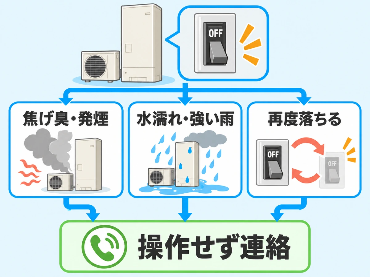 漏電遮断器が落ちた後、焦げ臭・発煙、水濡れ・強い雨、再作動のどれかで操作を止めて連絡する判断フロー