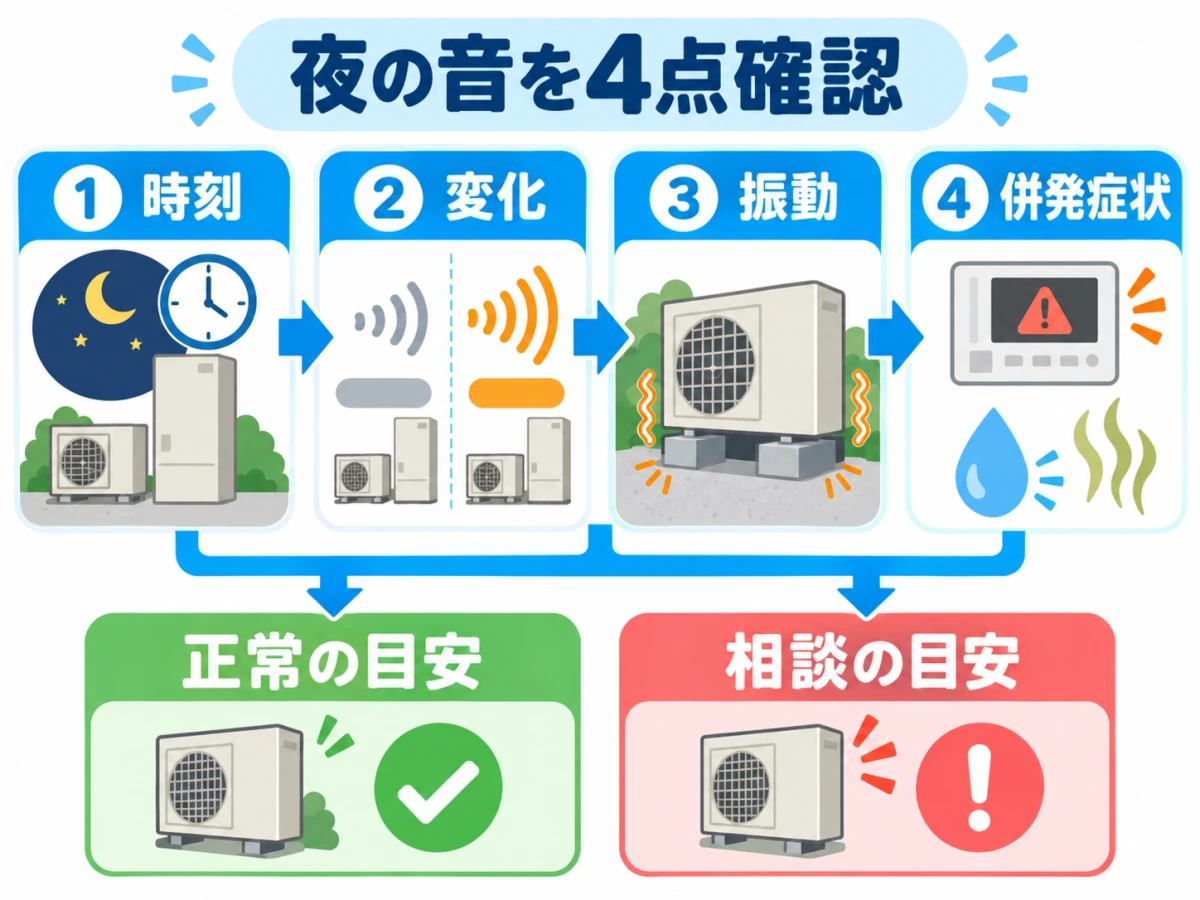 エコキュートの夜のブーン音を時刻・変化・振動・併発症状で見分ける図