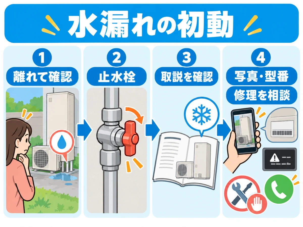 エコキュート配管の水漏れで離れて確認し止水と相談へ進む初動