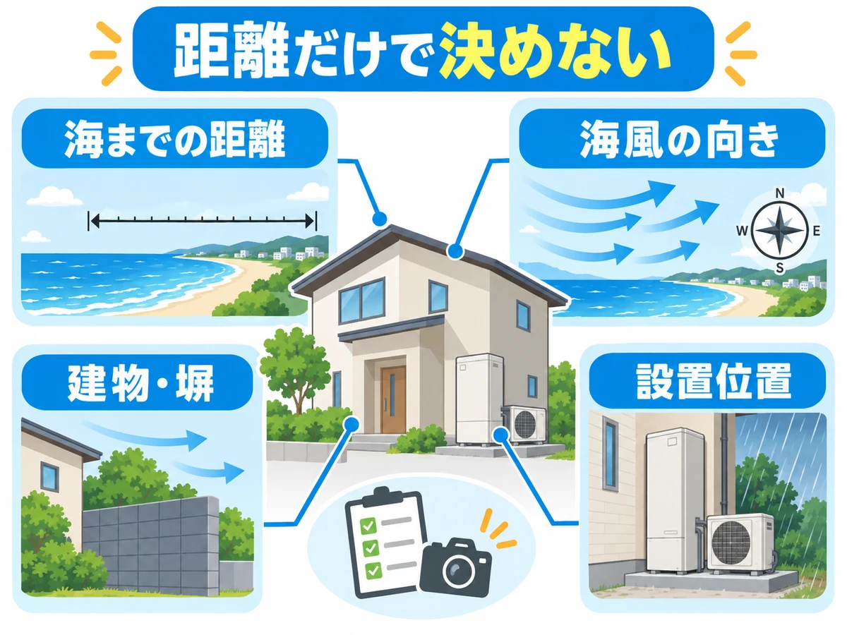エコキュートの塩害仕様を海までの距離・海風・建物や塀・設置位置で確認する図