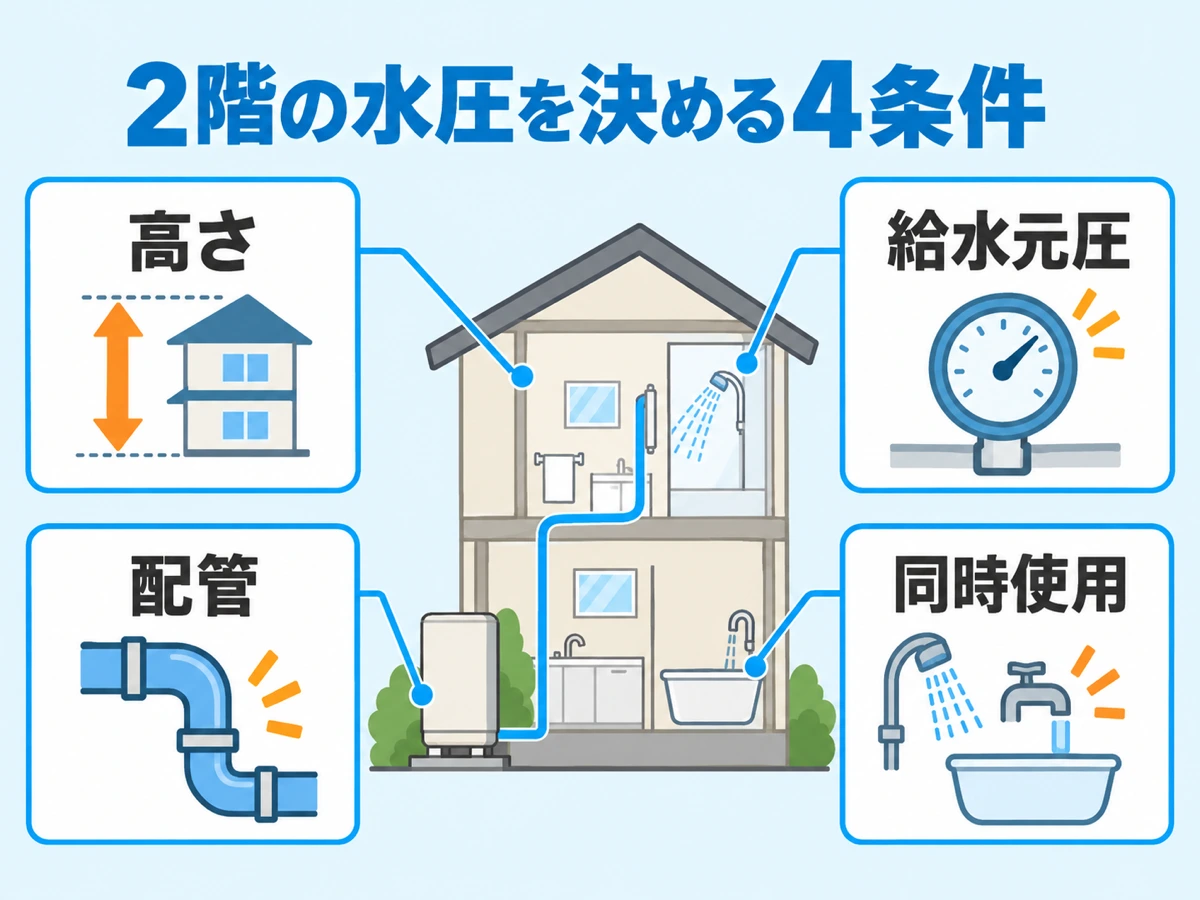 2階のシャワー水圧を決める高さ・給水元圧・配管・同時使用の4条件