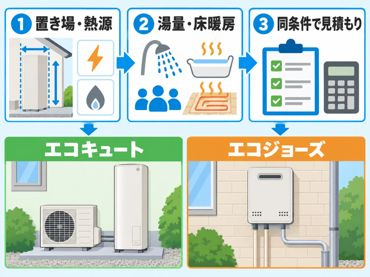 置き場・熱源、湯量・床暖房、同条件見積もりの順にエコキュートとエコジョーズを選ぶ図