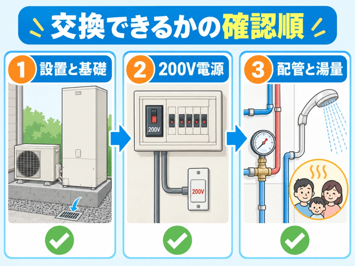 設置と基礎、200V電源、配管と湯量の順にエコキュート交換条件を確認する図