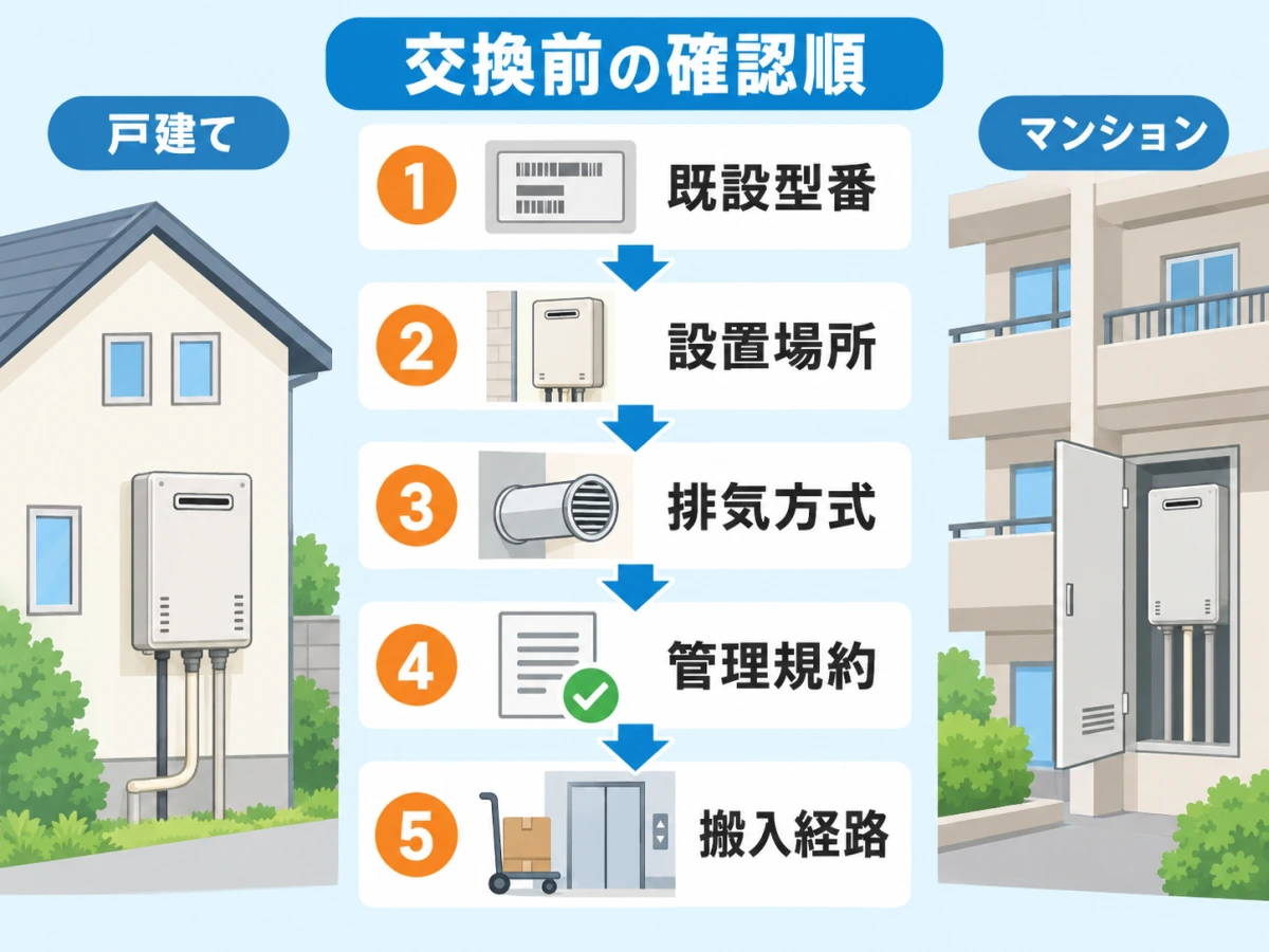 給湯器交換前に既設型番・設置場所・排気方式・管理規約・搬入経路を確認する順番