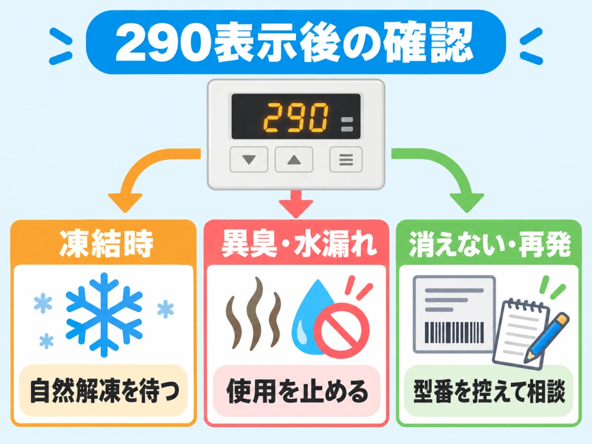 290表示後に凍結時は自然解凍を待ち、異臭や水漏れなら使用を止め、消えない場合は型番を控えて相談する流れ