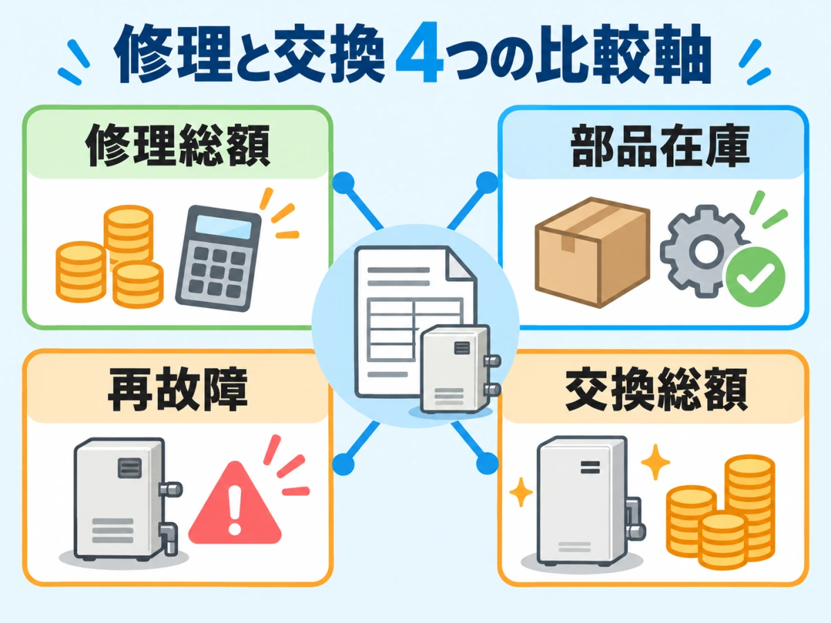 灯油ボイラーの修理と交換を修理総額・部品在庫・再故障・交換総額で比べる図