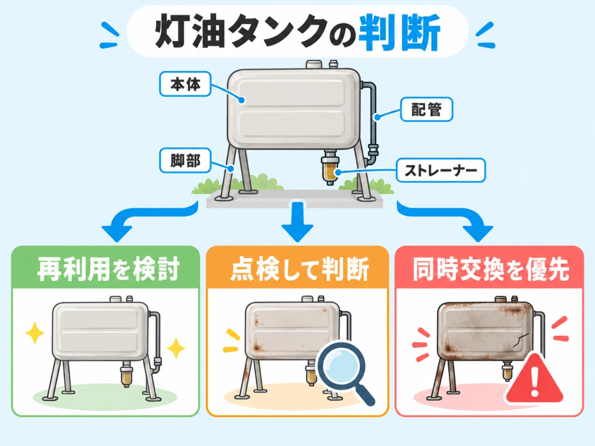 灯油タンクの本体・脚部・配管・ストレーナーを確認し、再利用・点検・同時交換を判断する図