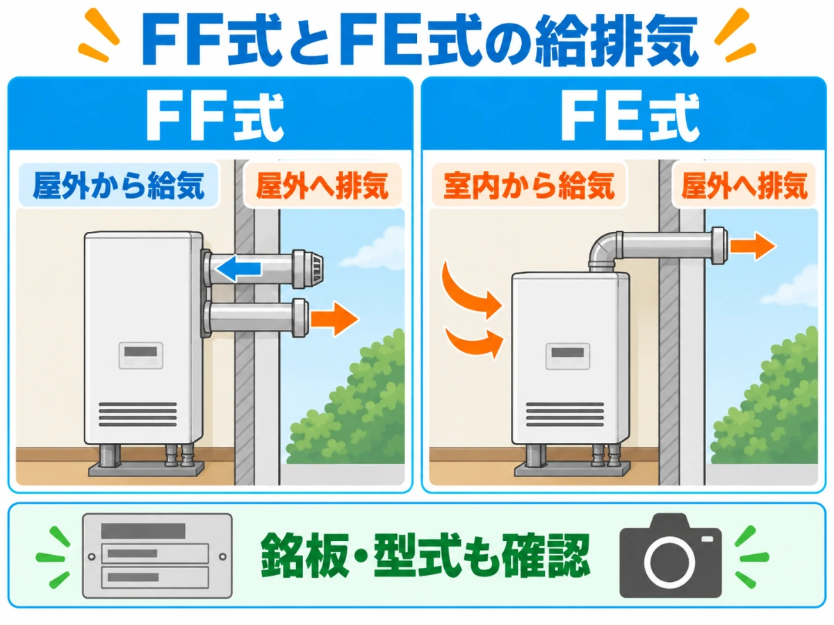 FF式は屋外給気、FE式は室内給気で、ともに屋外排気する違いを示す図