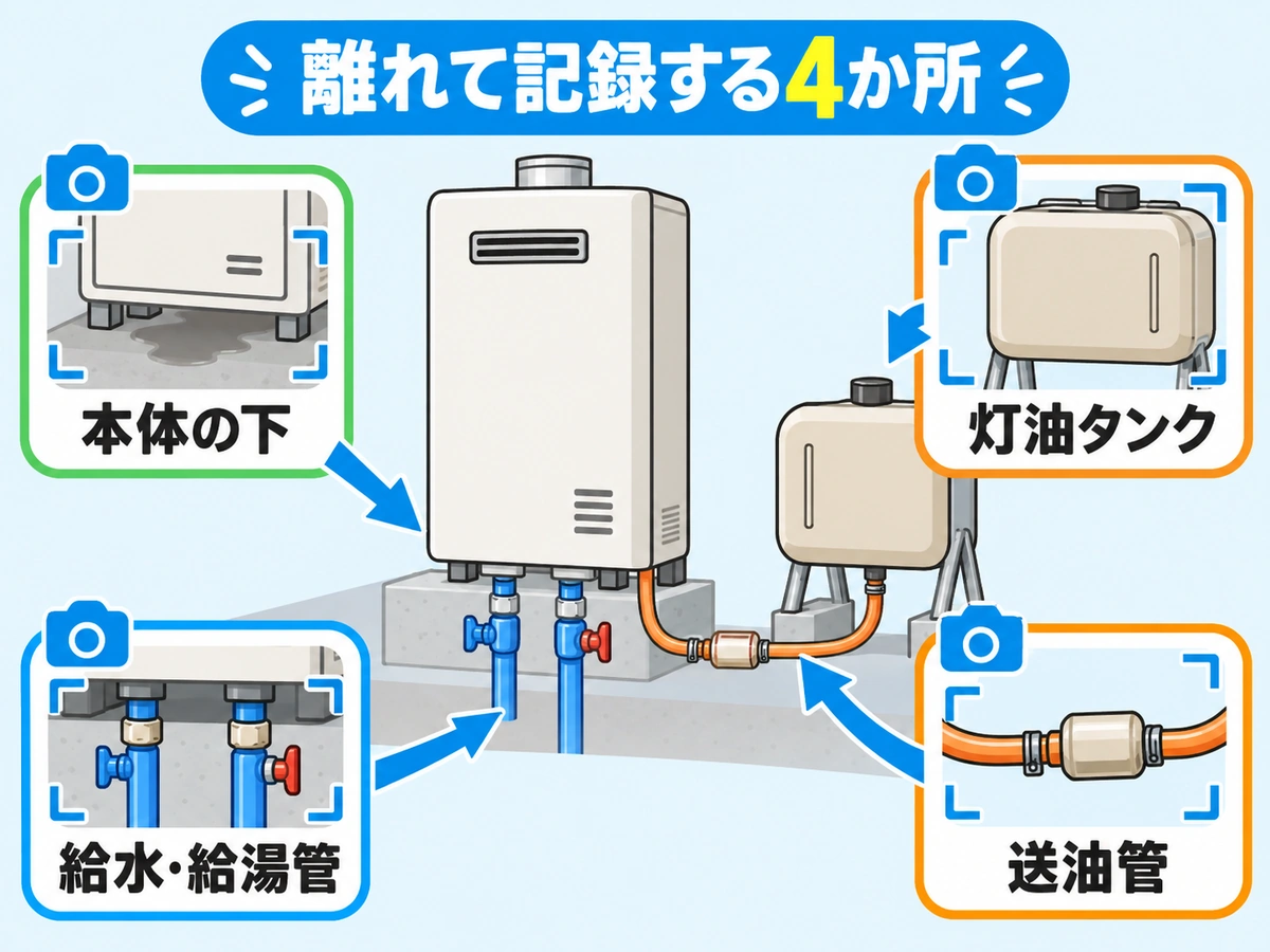 石油給湯器の本体下・給水給湯管・灯油タンク・送油管を離れて記録する位置図
