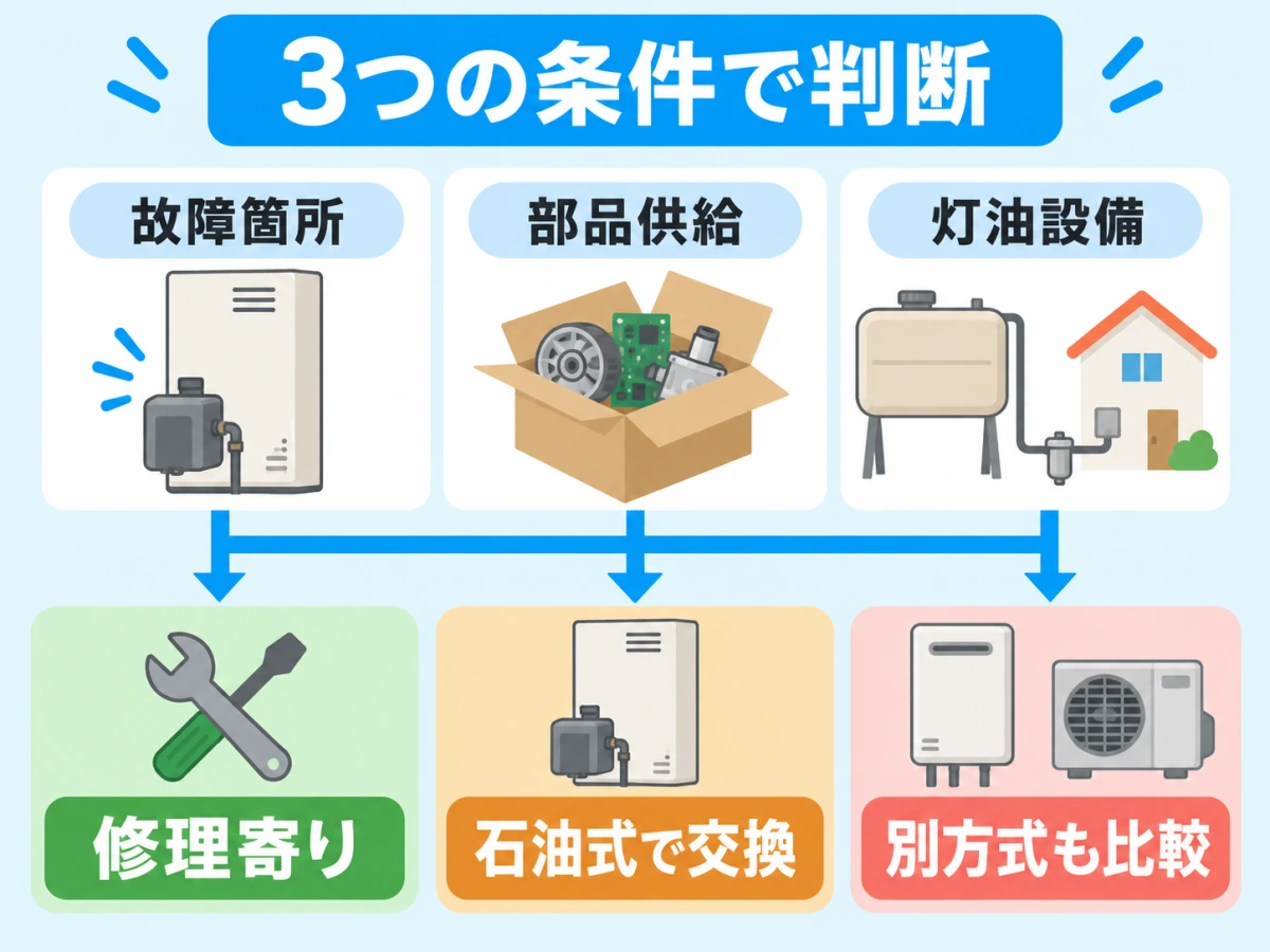 石油給湯器の故障箇所・部品供給・灯油設備から修理、同方式交換、方式変更を判断する図
