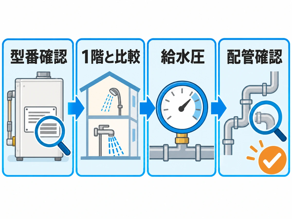 石油給湯器の型番、1階との比較、給水圧、配管の順に2階シャワーの交換条件を確認する図