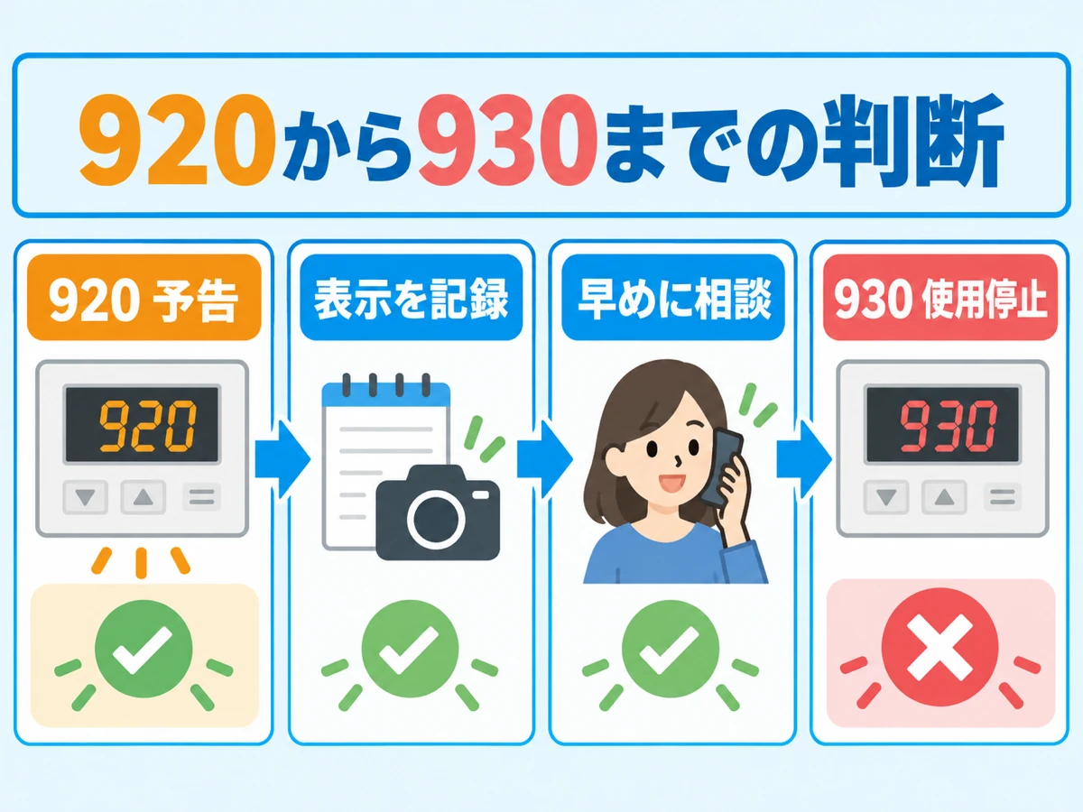 エラー920で表示を記録して早めに相談し、930では使用を止める判断フロー