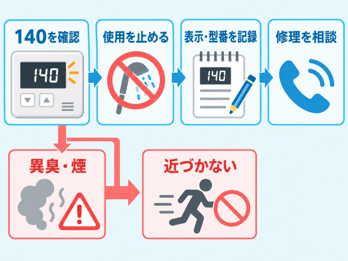 リンナイ給湯器のエラー140で使用を止め、表示・型番を記録して修理相談へ進み、異臭・煙時は近づかない判断フロー
