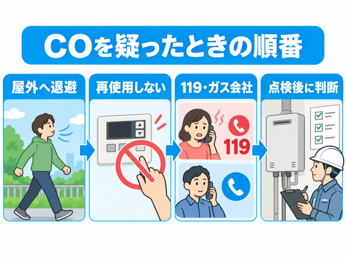 給湯器の排気でCOを疑ったときに、屋外退避、再使用停止、119・ガス会社への連絡、点検後判断へ進む順番