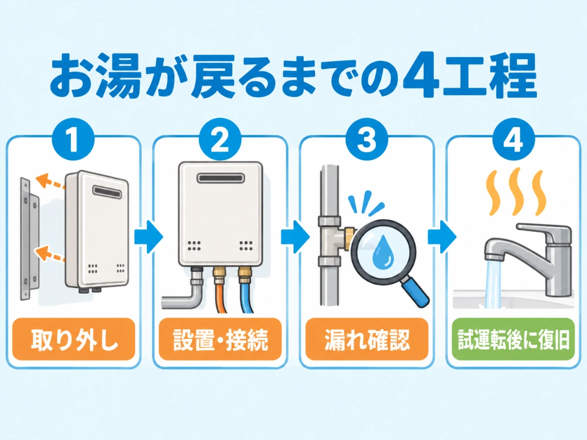 ガス給湯器の取り外しから試運転後のお湯復旧までを示す4工程