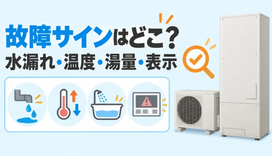 エコキュートの水漏れ・温度・湯量・リモコン表示から故障サインを確認するイラスト