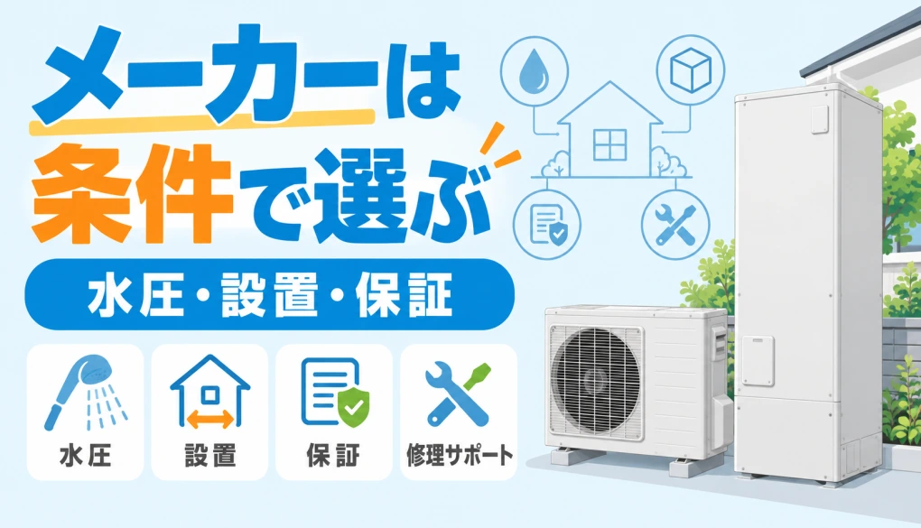 水圧・設置・保証からエコキュートメーカーを選ぶ比較イメージ