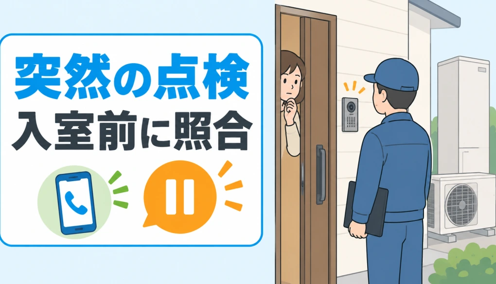 突然のエコキュート訪問点検で、入室前に電話照合する判断を示す図