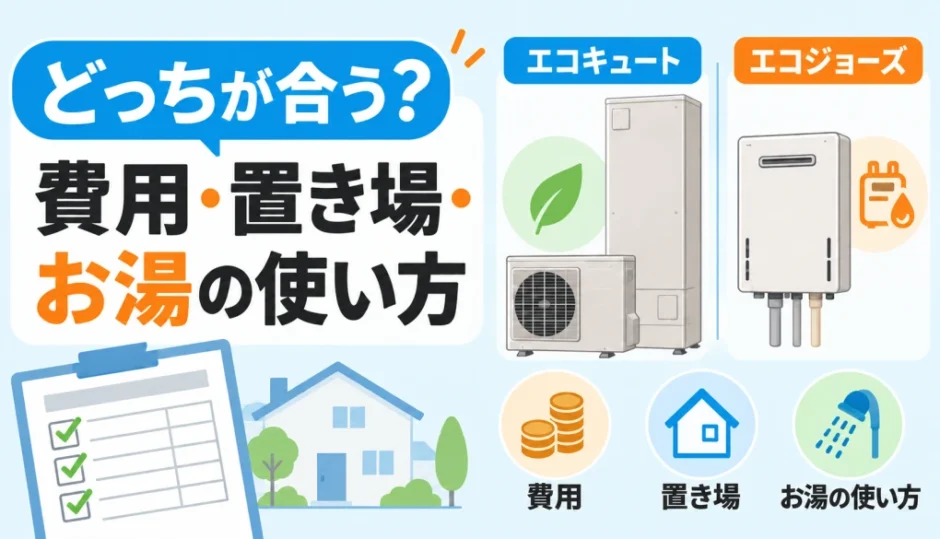 エコキュートとエコジョーズを費用・置き場・お湯の使い方で比較するイメージ
