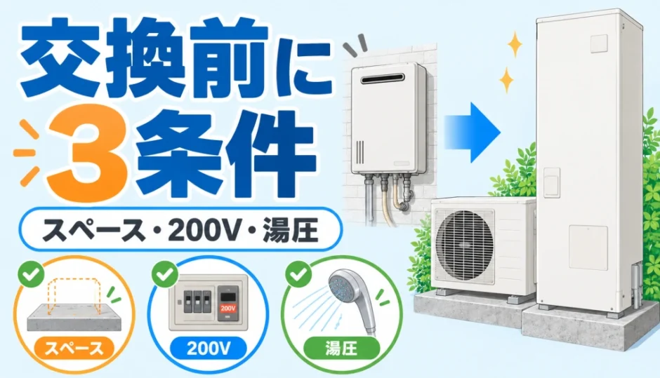 ガス給湯器からエコキュートへ交換する前にスペース・200V・湯圧を確認する図