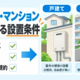 戸建てとマンションの給湯器で排気・PS・管理規約などの設置条件を比較する図