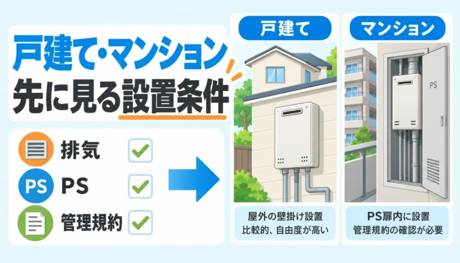 戸建てとマンションの給湯器で排気・PS・管理規約などの設置条件を比較する図
