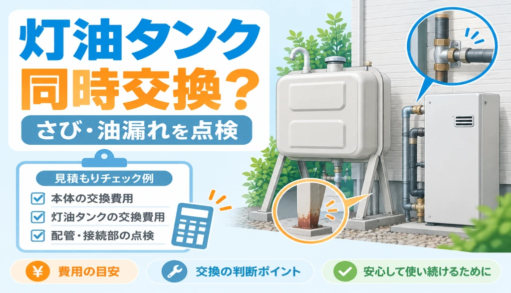 石油給湯器交換時の灯油タンク同時交換と、脚部のさび・接続部を点検するイメージ