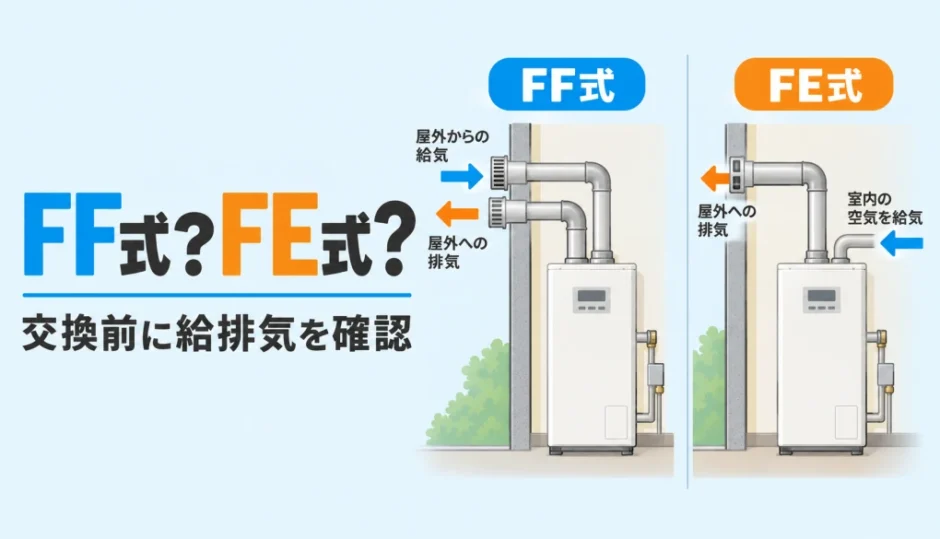 屋内石油給湯器のFF式とFE式で異なる給気・排気経路