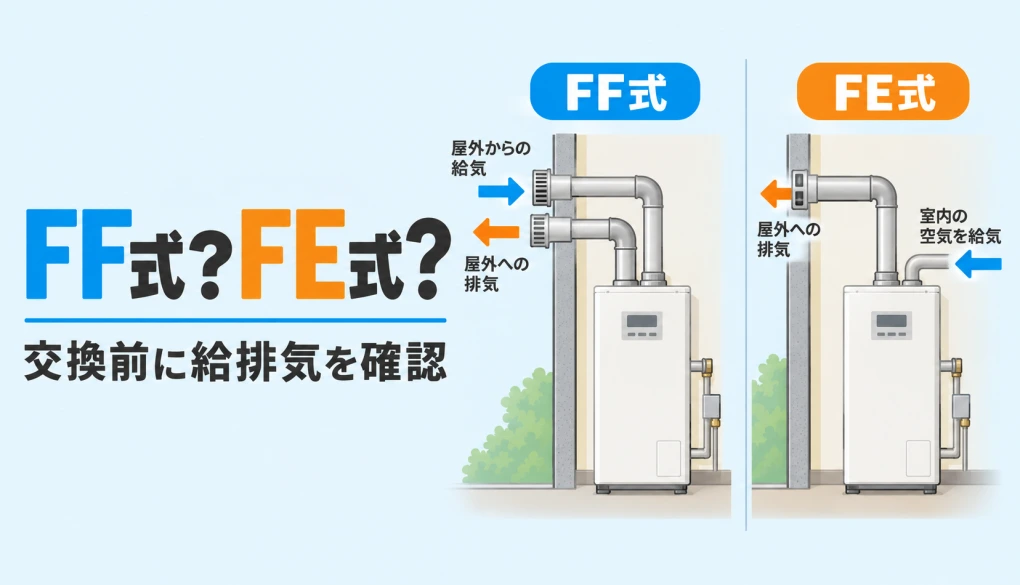 屋内石油給湯器のFF式とFE式で異なる給気・排気経路
