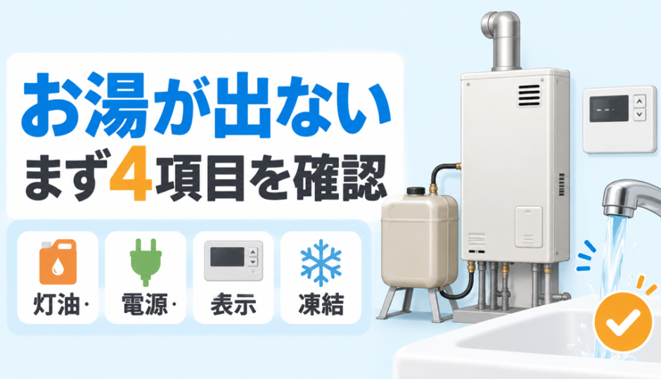 石油給湯器からお湯が出ない時に灯油・電源・表示・凍結の4項目を確認する画像