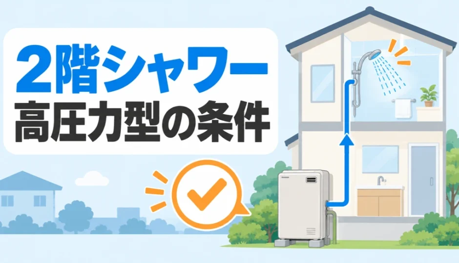2階シャワーと高圧力型石油給湯器の交換条件を示すイラスト