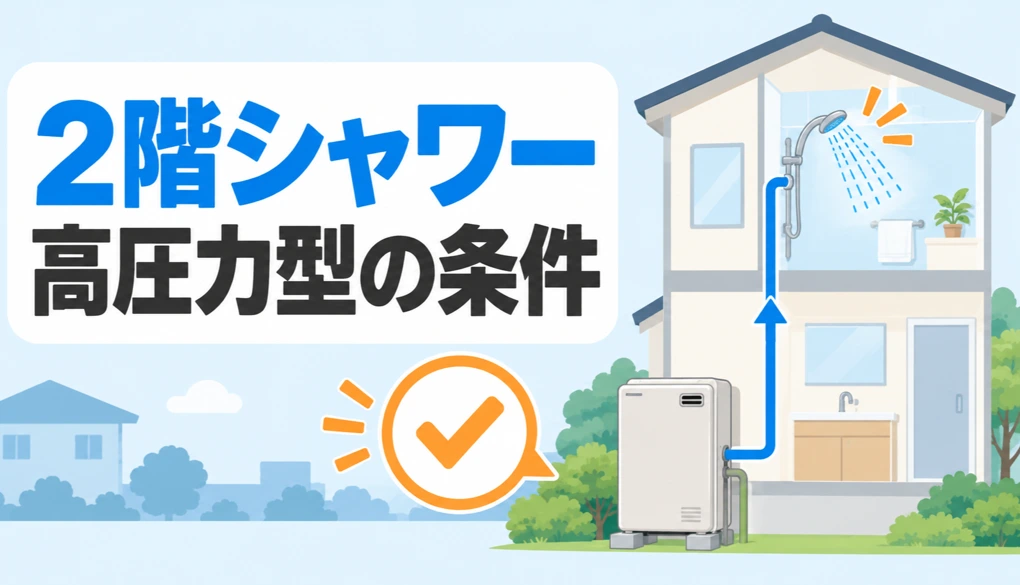 2階シャワーと高圧力型石油給湯器の交換条件を示すイラスト