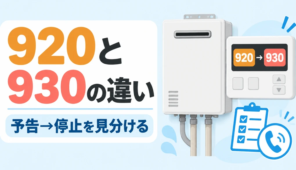 パーパス給湯器のエラー920が予告、930が停止である違いを示すイメージ