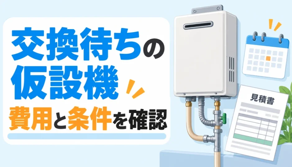 給湯器交換待ちの仮設機と見積書を示すイラスト