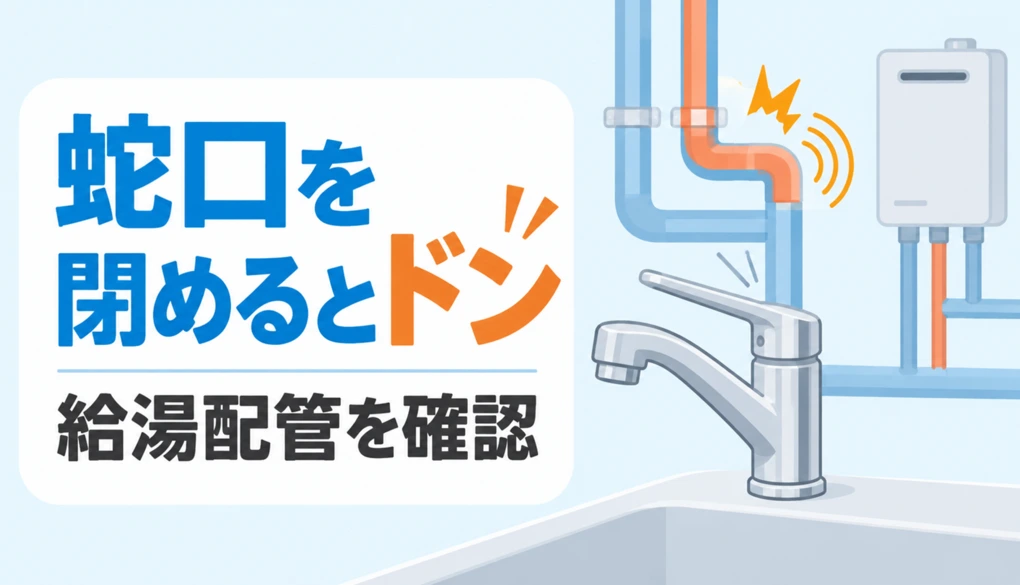 蛇口を閉めた瞬間のドン音と給湯配管の確認を示すイラスト