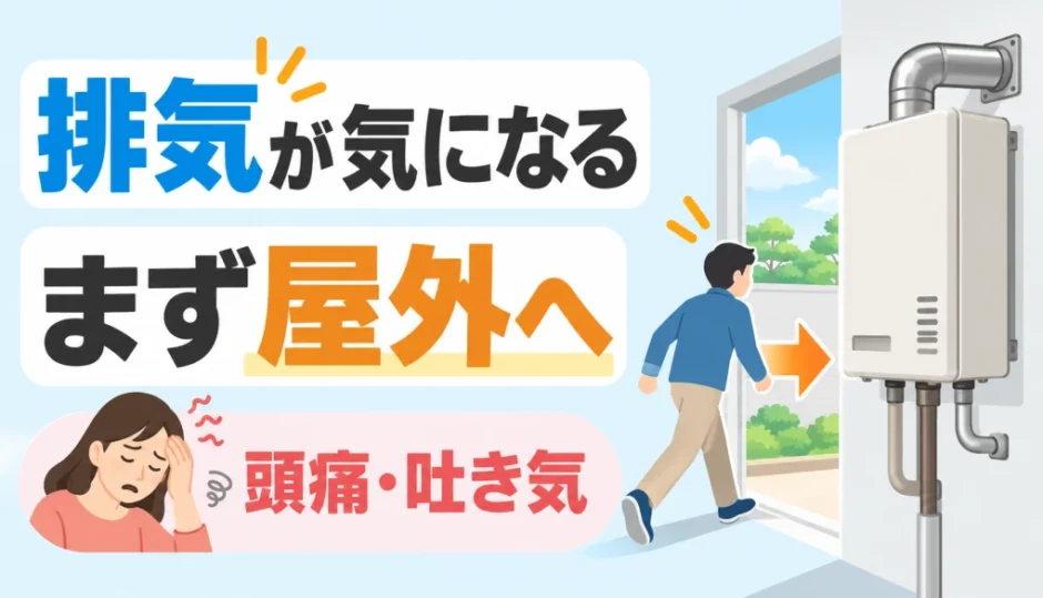 給湯器の排気が気になり頭痛や吐き気があるとき、まず屋外へ退避する判断を示すサムネイル