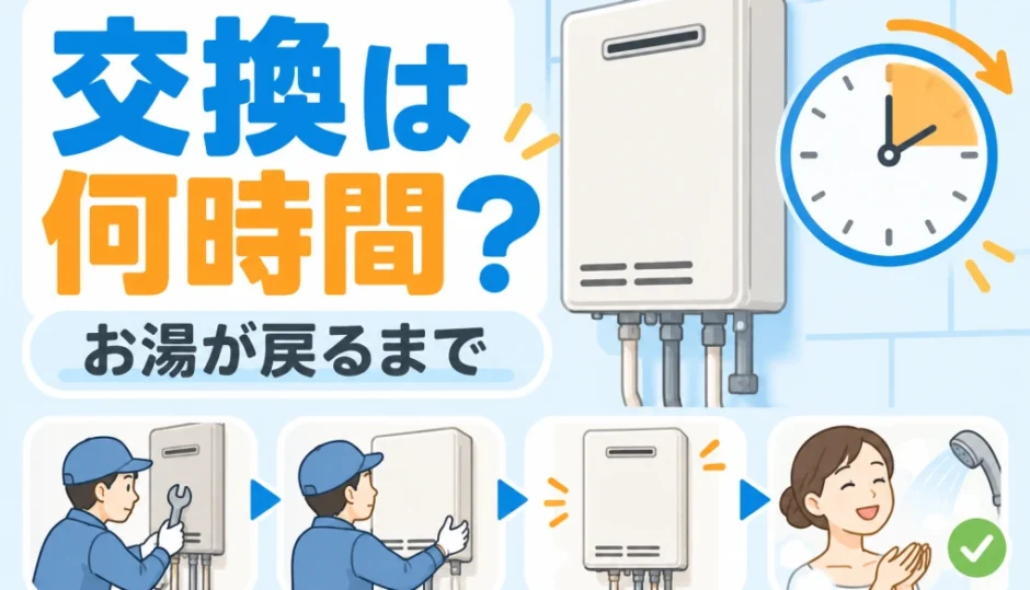 ガス給湯器の交換時間とお湯が戻るまでを示すサムネイル