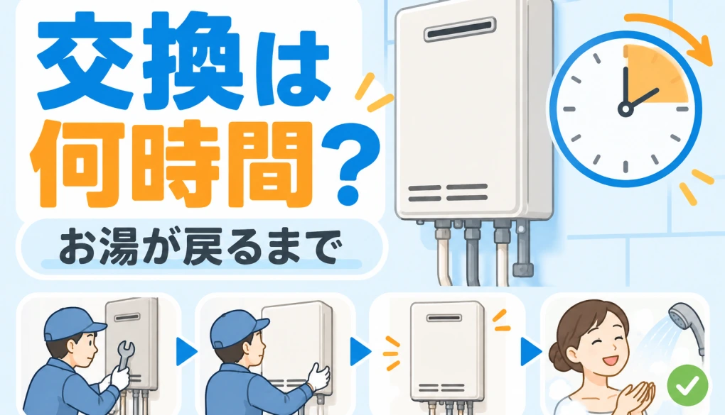 ガス給湯器の交換時間とお湯が戻るまでを示すサムネイル