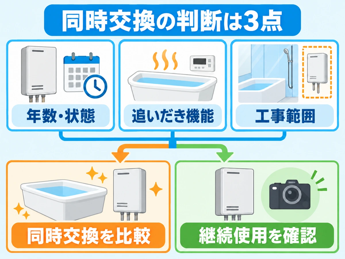 年数・状態、追いだき機能、工事範囲から給湯器の同時交換と継続使用を判断する図