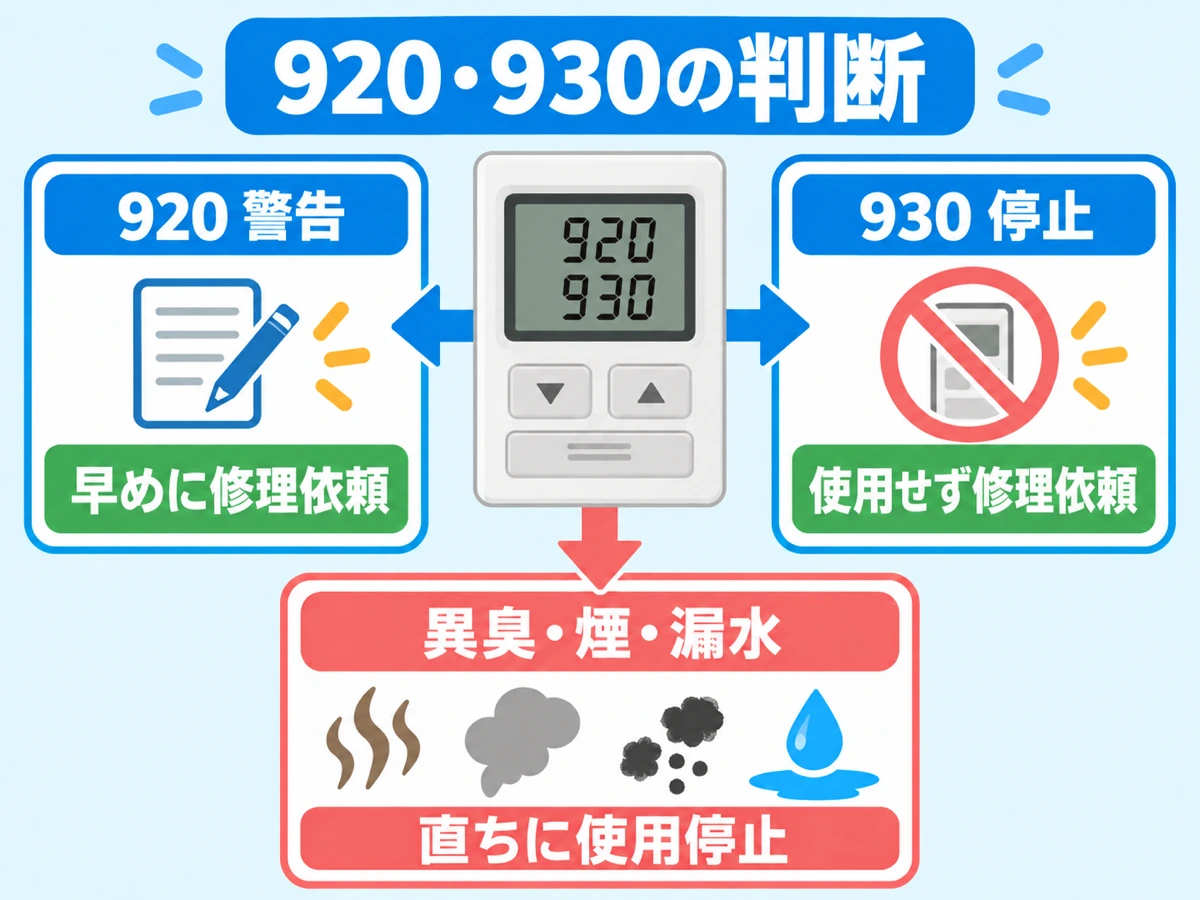 長府エコフィールの920は早めに修理依頼、930は使用せず修理依頼、異臭・煙・漏水は直ちに使用停止する判断フロー