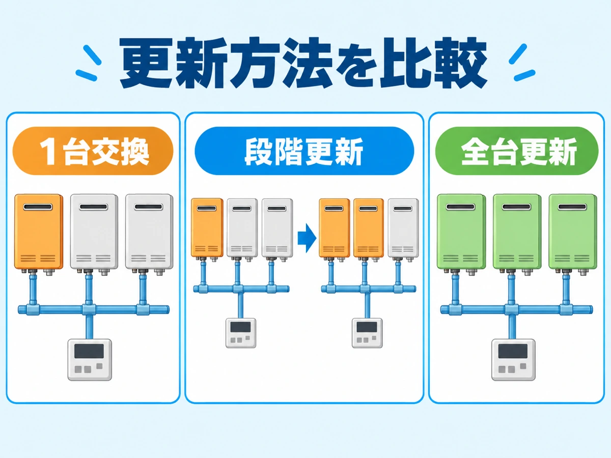 連結した業務用給湯器の1台交換・段階更新・全台更新を比べる図