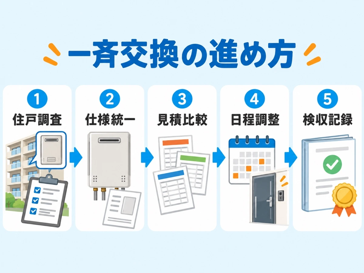 マンション給湯器の一斉交換を住戸調査から検収記録まで進める5段階