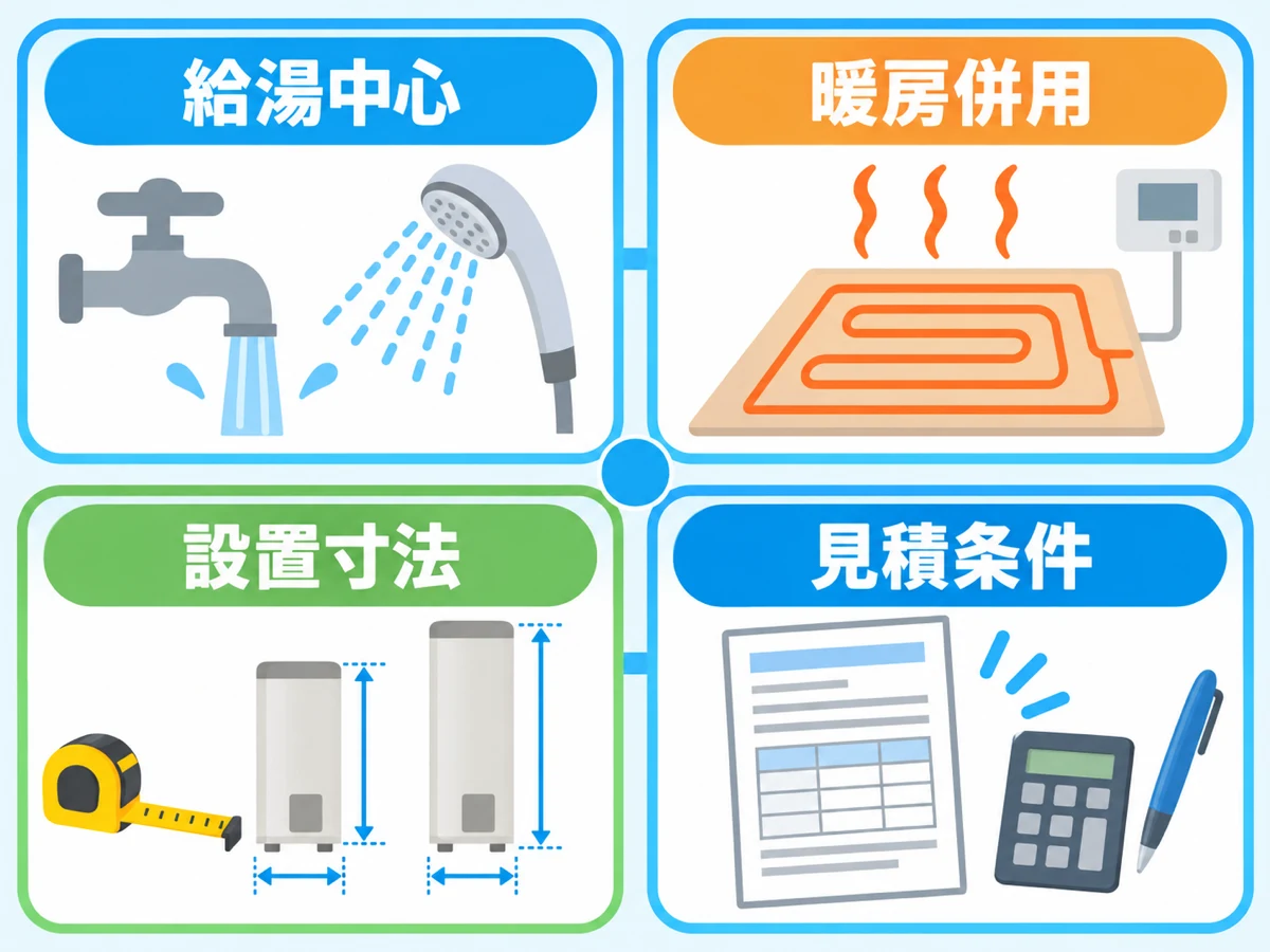 ECO ONEの容量を給湯中心・暖房併用・設置寸法・見積条件で比べる図
