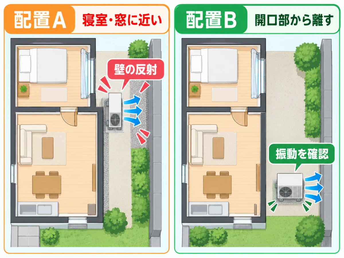 エコキュートの配置案を寝室・窓・壁の反射・振動条件で比較する図
